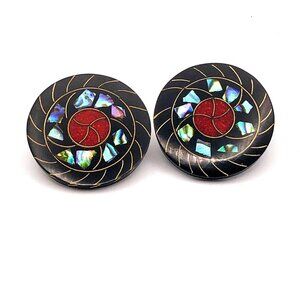 Vintage Raden Shell Earrings – 1.25" Iridescent Inlay on Black – Pierced